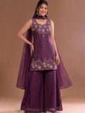 Round Neck Embroidered Kurta Set Featuring Zari And Sequin Work With Flared Palazzo And Embellished Dupatta