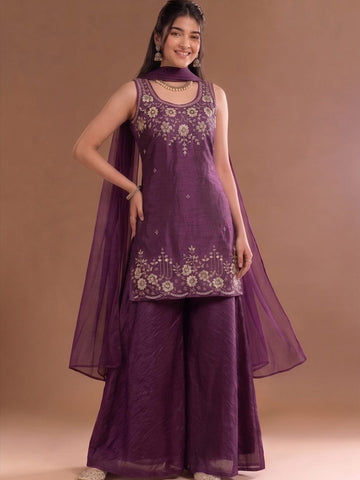 Round Neck Embroidered Kurta Set Featuring Zari And Sequin Work With Flared Palazzo And Embellished Dupatta