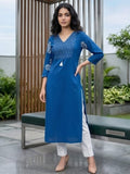 Ethnic Blue and White Printed Straight Kurta