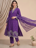 Kurta With Thread Embroidery And A V-Neck With Ankle-Length Trousers And An Embroidered Dupatta