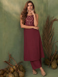 Womens Maroon Halter-Neck Embroidered Anarkali Set