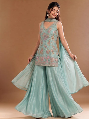Women's Embroidered Shimmer Short Kurta With Palazzo And Dupatta