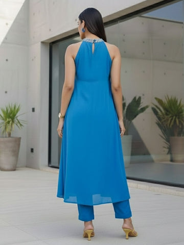Varanga Women Halter Neck  Zari And Sequence Embroidered Sleeveless Flared Kurta Paired With Tonal Bottom