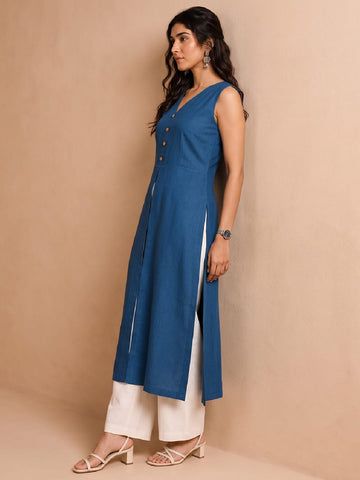 Sleeveless Blue Linen Kurta