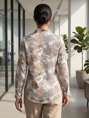 White Coloured Slim Collar Long Sleeves Floral Shirt