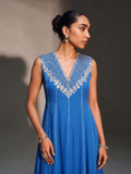 Royal Blue Embroidered Georgette Anarkali Kurta With Trousers (Set Of 2)