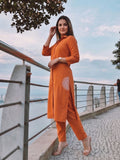Womens Rust Orange Shirt-Style Kurta with Trousers