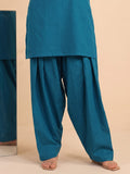 Women Teal Blue Solid Kurta Set With Farsi Salwar & Striped Dupatta