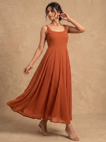 Rust Orange Golden Polka L-Print Sleeveless Anarkali Dress