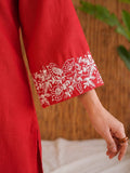 Women Red Embroidered Solid Straight Kurta With Trousers