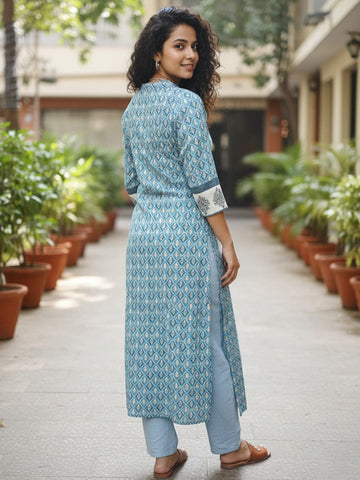 Varanga Blue Breeze Block-Print pure cotton Kurta