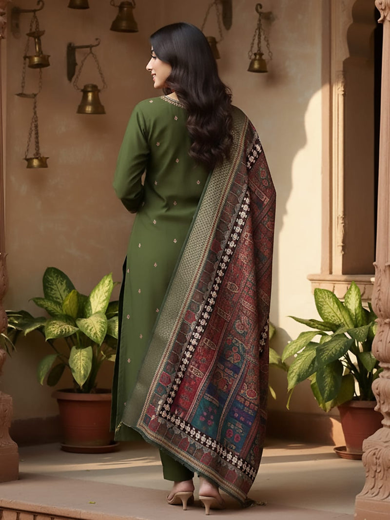 Varanga Women Olive Green Round Neck Placement Embroidered Kurta Paired With Tonal Bottom & Printed Dupatta