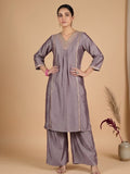 V Neck  Kurta With Lace Detailing, Paired With Solid Trousers And A Contrasting Fuchsia Dupatta.