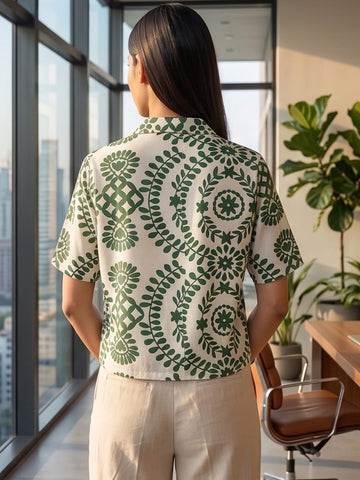 Green Coloured Short Sleeves Shirt Collar Top
