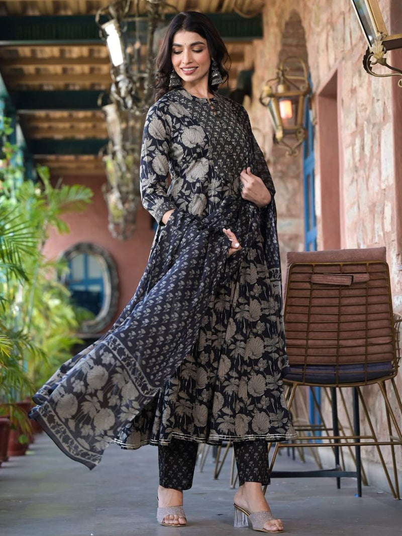 Varanga Women Black Mandarin Collar Embellished Yoke Three-Quarter Sleeves Paired With Printed Bottom And Dupatta