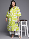 Varanga Women Plus Size Lime Green Floral Printed Kurta With V Neck And Three Quarter Bell Sleeves Pl24 Vkur1071