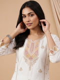 Varanga Women Elegant White 3-Piece Suit Set With Woven Kurta, Straight Pants, And A Rich Brocade Dupatta.