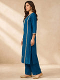 Women's Blue Kurta Set With Strip Dupatta