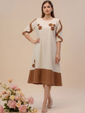 Off-White Color-Block A-Line Dress Featuring Handcrafted Floral Appliqué Work