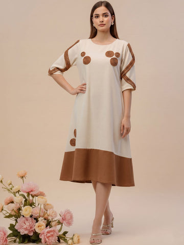 Off-White Color-Block A-Line Dress Featuring Handcrafted Floral Appliqué Work