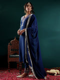 Varanga Women Blue Embroidered Straight Kurta Paired With Tonal Embroidered Bottom And With Tonal Chiffon Dotted Dupatta