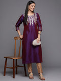 Varanga Women Purple Embroidered Straight Kurta With Three Quarter Sleeves