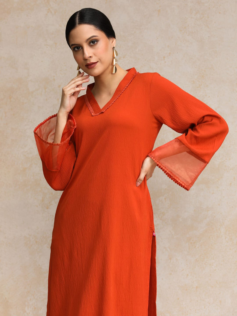 Varanga Women Rust Straight Kurta Paired With Tonal Bottom