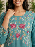 Women Floral Embroidered Teal Blue Straight Kurta Set