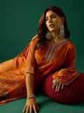 Rust Straight-Fit Calf-Length Kurta With Stone-Embellished Print Paired With Solid Ankle-Length Trousers And A Printed Dupatta