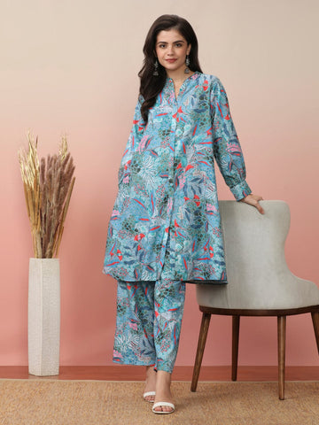 Varanaga sea green abstract printed mandarin collar, bishop sleeves Aline kurta paired with tonal printed bottom