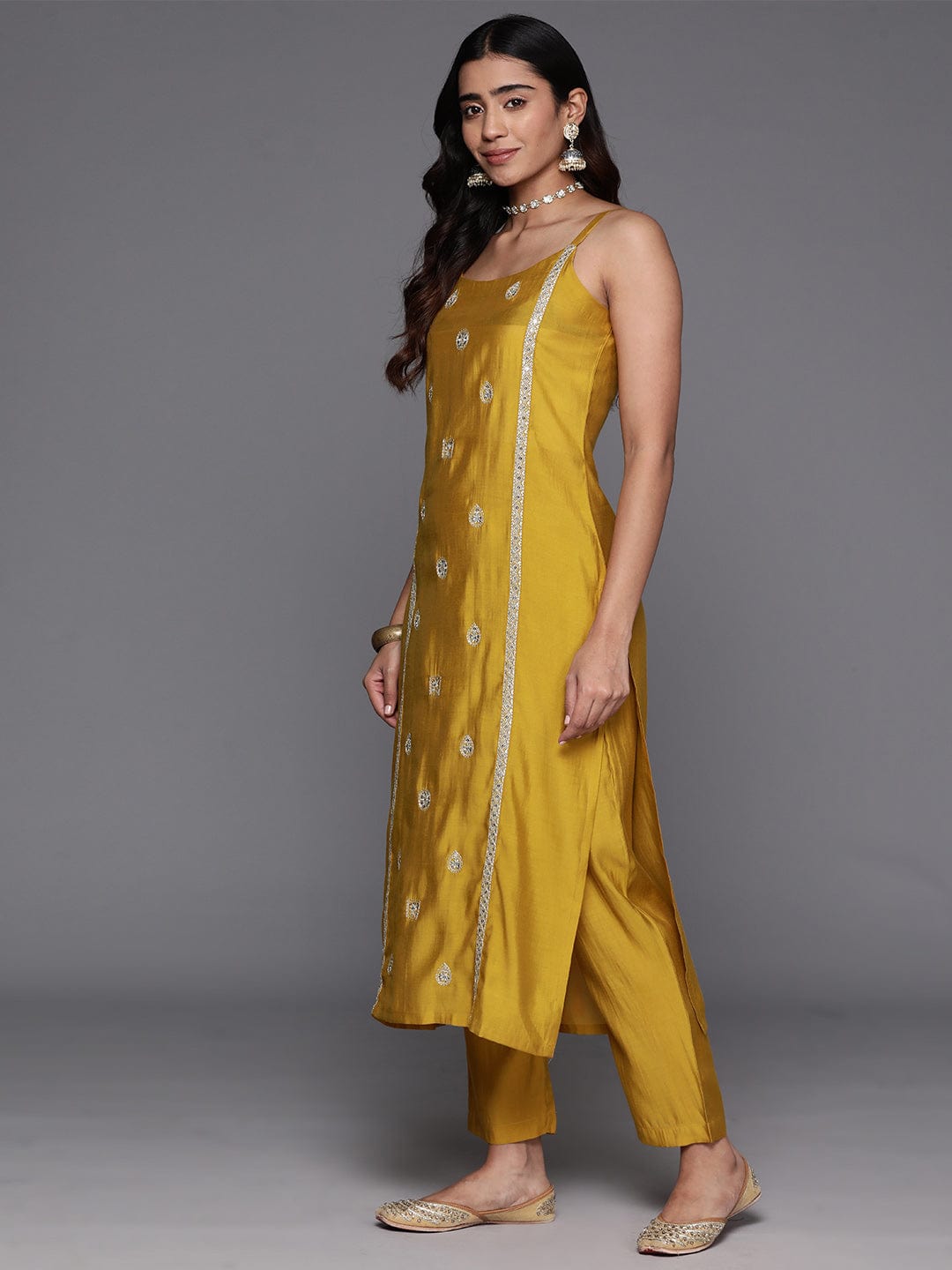 Mustard Embroidered Straight Kurta Paired With Tonal Bottom And Contrast Dupatta
