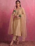 Beige Embroidered Chanderi Kurta Set With Straight Pants And Organza Dupatta.