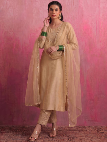 Beige Embroidered Chanderi Kurta Set With Straight Pants And Organza Dupatta.