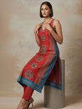 Everyday-ready rust A-line V-neck kurta paired with soft, elasticated solid trousers.