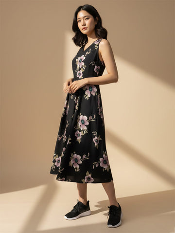 A floral-printed knee-length dress with v neckline perfect for turning heads from brunch to evening outings.