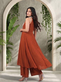Varanga Women Rust Yoke Embroidered Sleeveless Flared Kurta With Trousers.