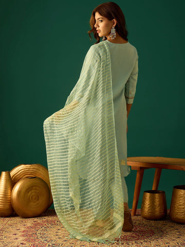 Zari-Embroidered Kurta Paired With Solid Trousers And A Tonal Dupatta