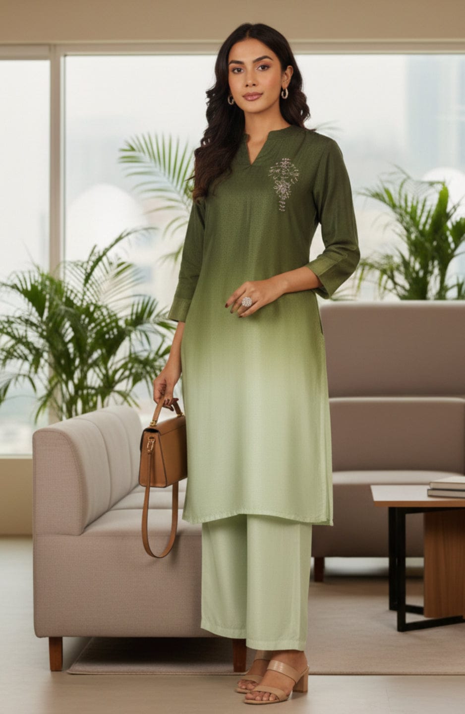 Varanga Women Mandarin Collar Placement Embroidered Kurta Paired With Tonal Bottom