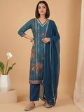 Varanga Women 3-Piece Blue Ikat-Printed Kurta Set With Solid Trousers And A Lace-Trimmed Dupatta