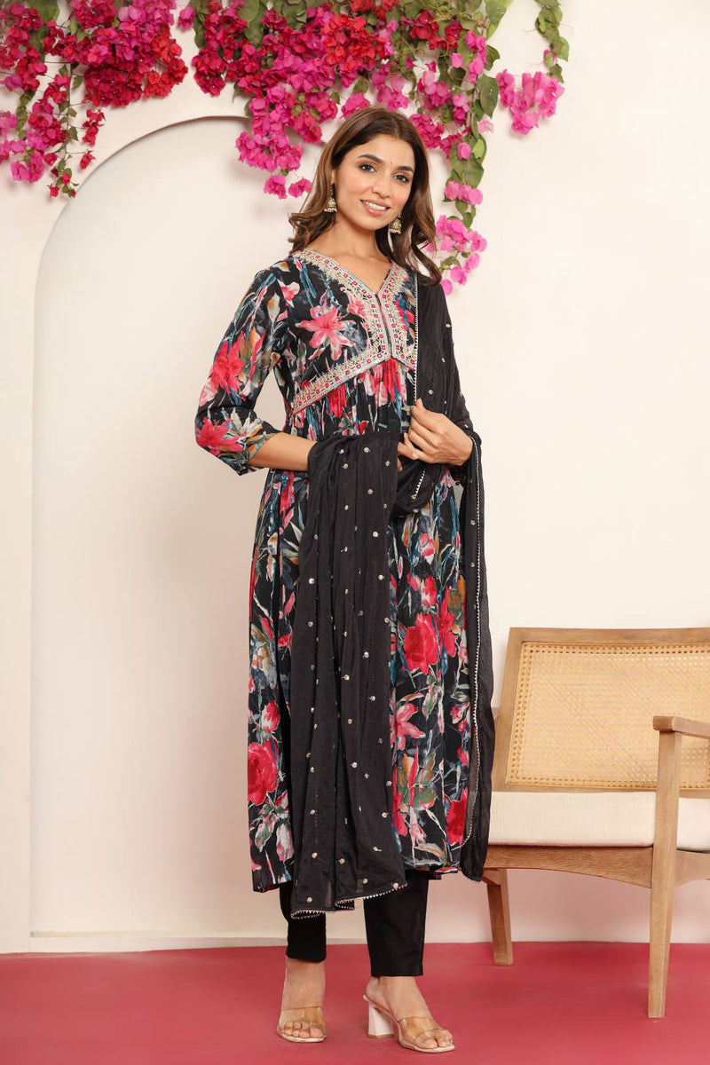 Varanga Women Black Floral Printed Embroidered V-Neck Alia Cut Kurta Paired With Tonal Dupatta