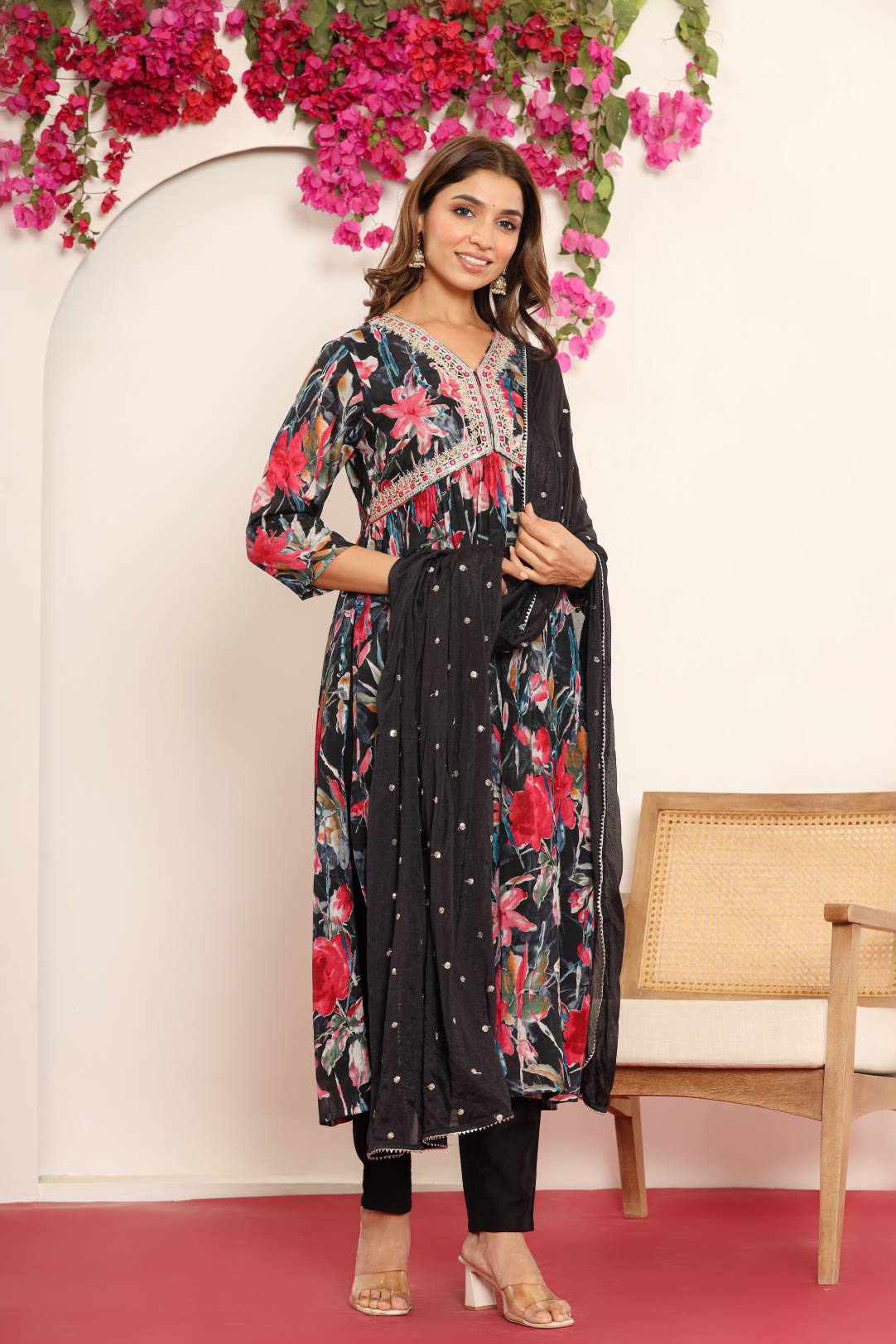 Varanga Women Black Floral Printed Embroidered V-Neck Alia Cut Kurta Paired With Tonal Dupatta