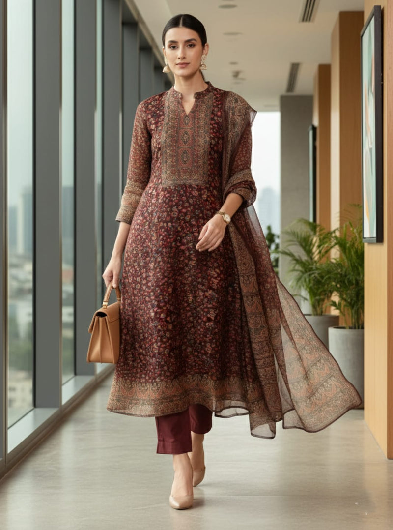 Varanga Women Brown Printed Straight Kurta Paired With Solid Bottom And Printed Dupatta