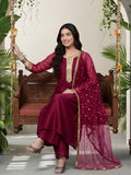 Varanga Women Fuchsia Lace Embellished Sleeveless Straight Kurta Paired With Tonal Plazzo And Dupatta