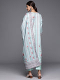 Varanga Women Blue Stripe Printed Straight Kurta Paired With Tonal Bottom And Dupatta