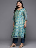 Varanga Women Plus Size Blue Floral Printed Kurta, Round Neck Straight Kurta Paired With Tonal Bottom And Printed Dupatta.