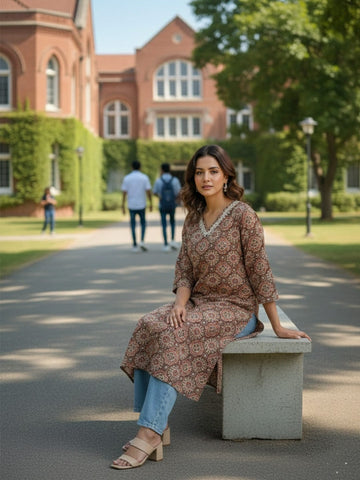 Varanga Traditional Jal Pattern Brown Kurta for Women