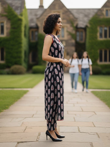 Black Sleeveless Kurta Set with Printed Trousers & Chiffon Dupatta