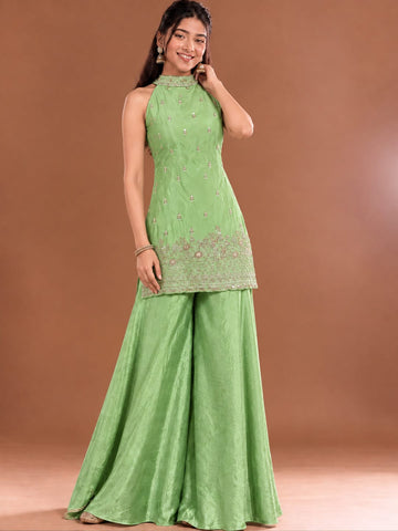 Varanga Women Ethnic Motifs Embroidered Regular Sequinned Kurta with Sharara & With Dupatta