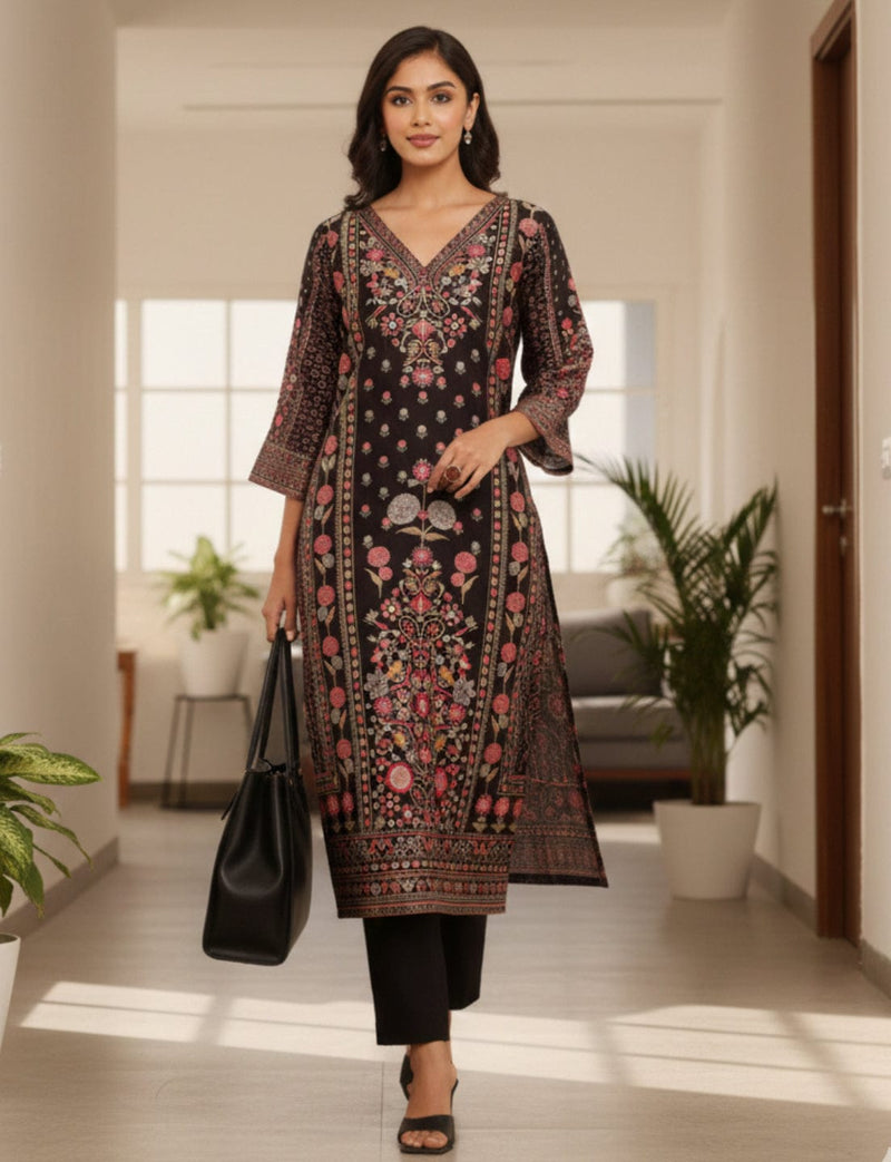 Varanga Women Black Ethnic Floral Printed Kurta With Solid Trouser.