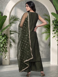 Varanga Women Olive Green Lace Embellished Sleeveless Straight Kurta Paired With Tonal Plazzo And Dupatta
